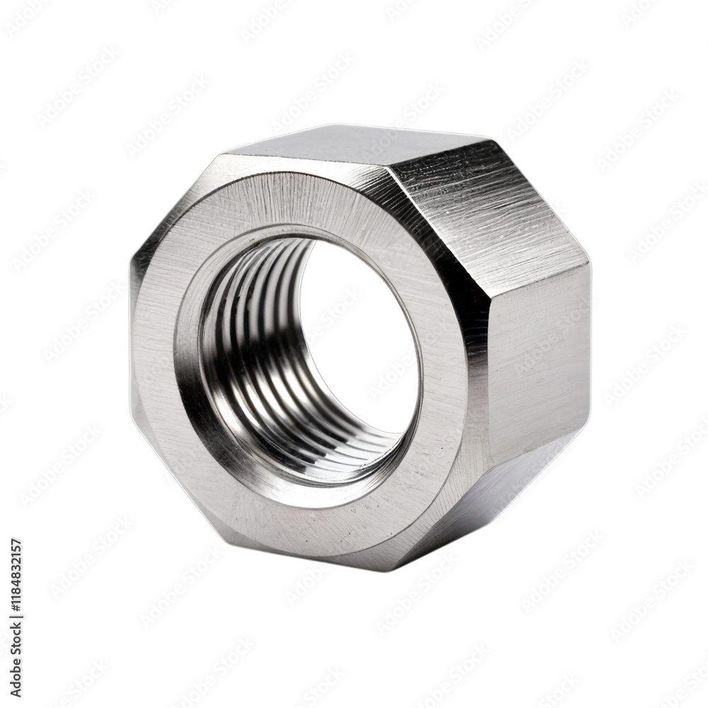 Hex Nut Close-up: A detailed and isolated photograph of a silver hexagonal nut with a threaded bore, showcasing its intricate design and industrial aesthetic. Hex Nut Close-up: A detailed and isolated photograph of a silver hexagonal nut with a threaded bore, showcasing its intricate design and industrial aesthetic.