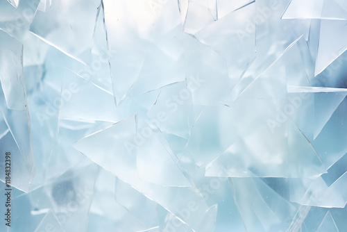 A minimal yet artistic arrangement of frosted glass shards and delicate snowflakes scattered on a smooth, icy surface