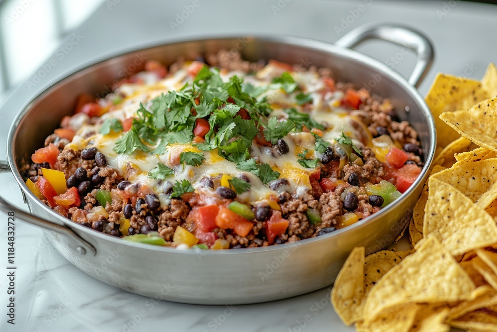 Hearty Beef and Bean Skillet Dish with Melted Cheese and Fresh Herbs Hearty Beef and Bean Skillet Dish with Melted Cheese and Fresh Herbs