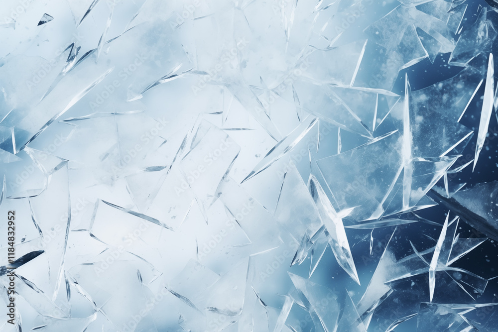 Obraz premium A minimal yet artistic arrangement of frosted glass shards and delicate snowflakes scattered on a smooth, icy surface