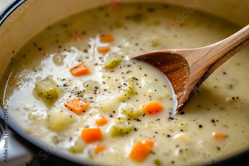Creamy Vegetable Soup in a Pot with Wooden Spoon - A Hearty and Delicious Home-Cooked Meal