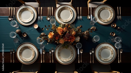 A top view of a perfectly set dining table with fine china, crystal glasses, and silverware photo