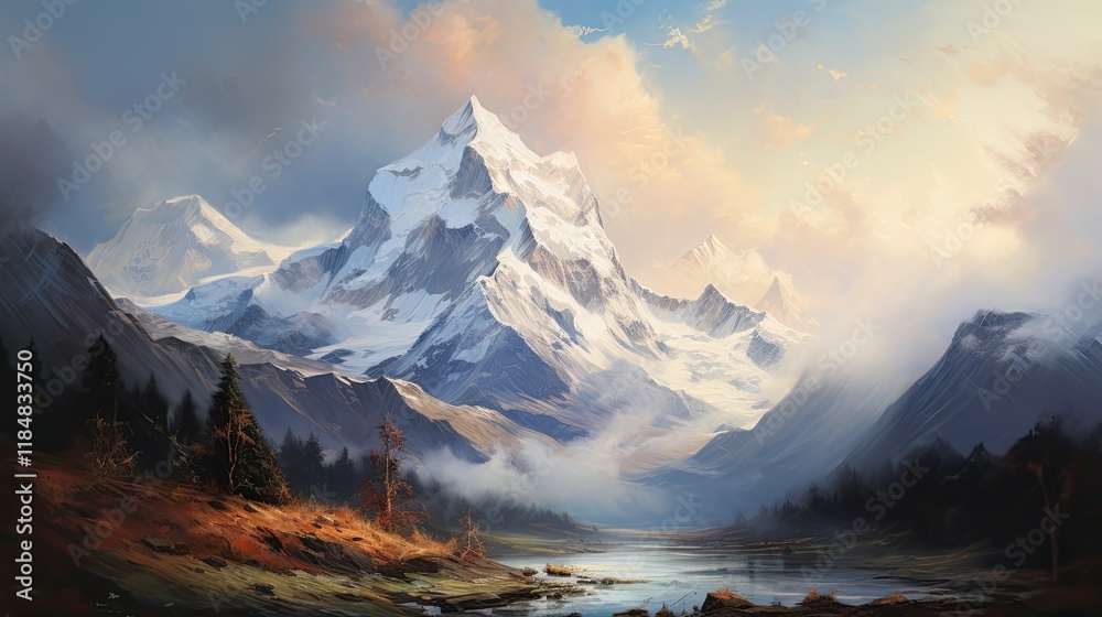 Obraz premium An expressive oil painting of a majestic mountain range, with swirling clouds and snow-capped peaks