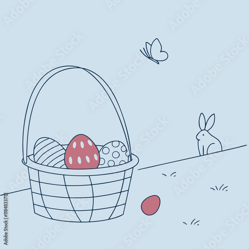 Easter basket with eggs and bunny in pastoral scene