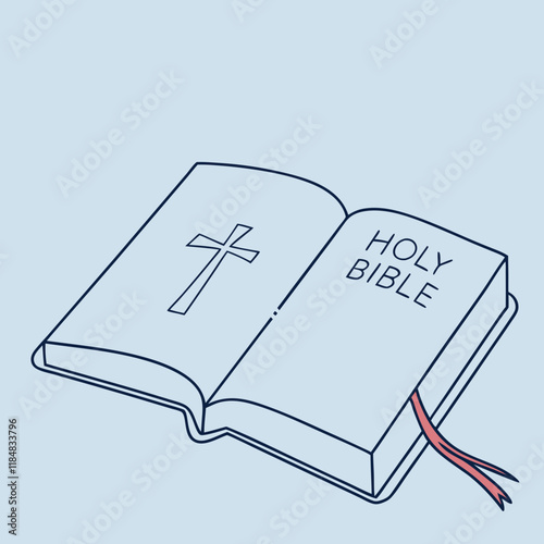 Open Bible with cross illustration in soft blue