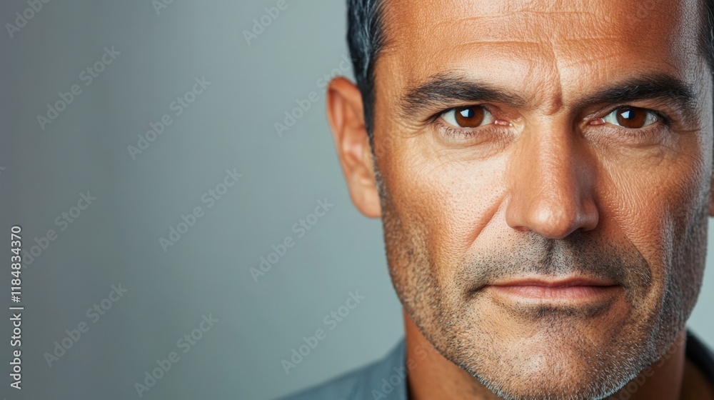 Fototapeta premium A man with a beard and glasses is looking at the camera. He has a serious expression on his face