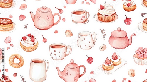 Pink tea set, pastries, and floral accents: a delightful afternoon tea pattern
