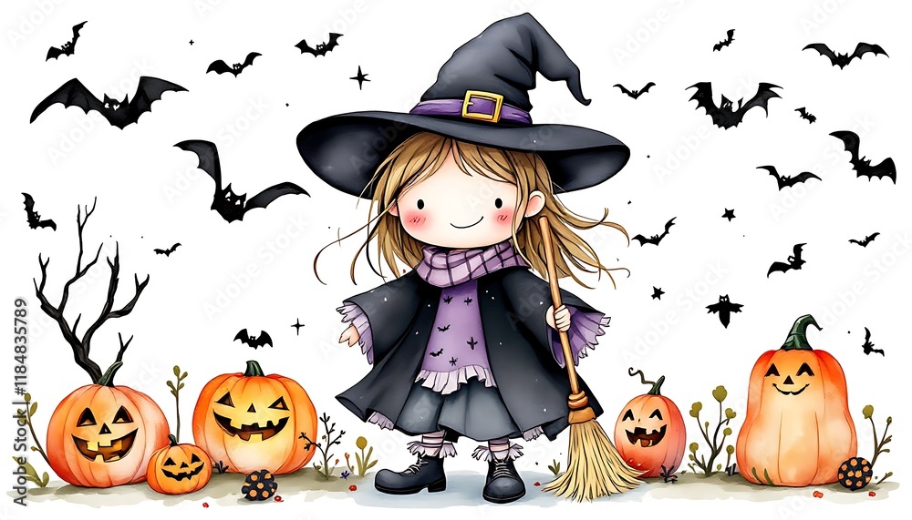 Adorable Little Witch with Pumpkins and Bats for Halloween Adorable Little Witch with Pumpkins and Bats for Halloween