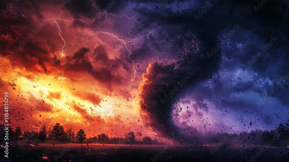 Fototapeta premium Dramatic storm at sunset, powerful tornado