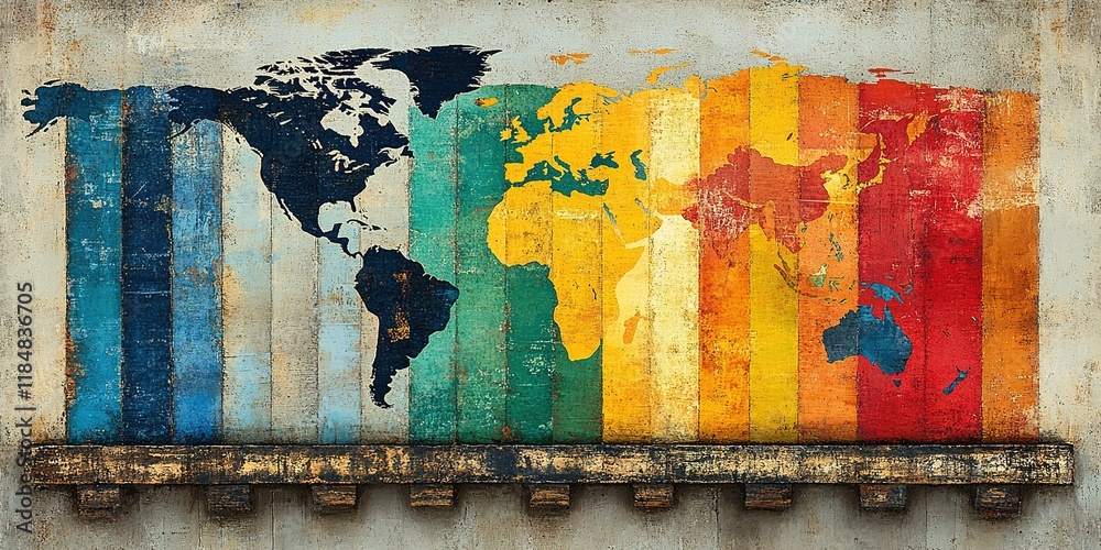 Fototapeta premium Colorful mural showcasing the world map on distressed wooden planks against a textured wall