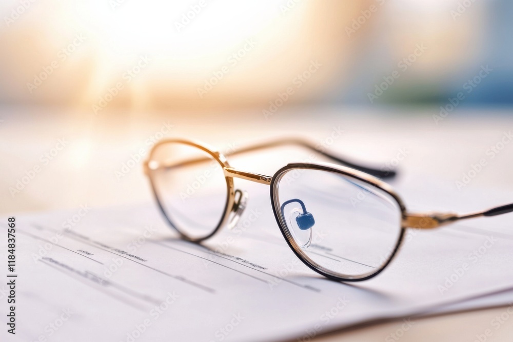 Focused action of reading glasses on documents office close-up bright light professional insight Focused action of reading glasses on documents office close-up bright light professional insight