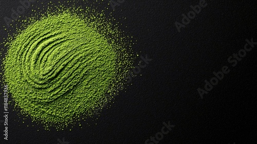 Green matcha powder preparation kitchen food photography dark background top view healthy lifestyle