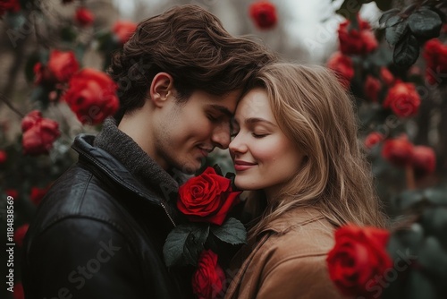 Young Couple Sharing a Romantic Moment with Red Roses on Valentine's Day