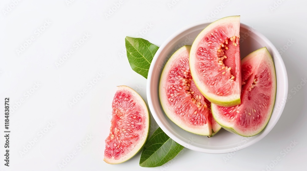 Bowl of pink guava slices with green leaves on a white background, minimalistic tropical fruit composition, isolated healthy snack, top view with copy space for text
Bowl of pink guava slices with green leaves on a white background, minimalistic tropical fruit composition, isolated healthy snack, top view with copy space for text