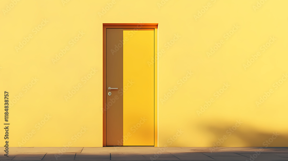 A sleek golden door against a minimalist yellow wall, inviting exploration and signifying potential opportunities ahead. Dewlight. Illustration A sleek golden door against a minimalist yellow wall, inviting exploration and signifying potential opportunities ahead. Dewlight. Illustration