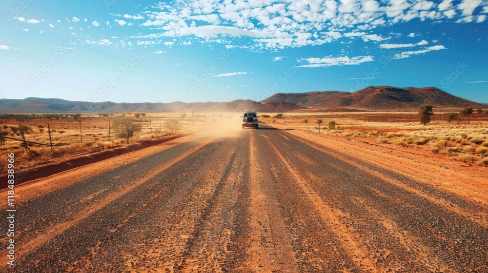 A vehicle drives along a dusty road in a vast, arid landscape under a bright blue sky.