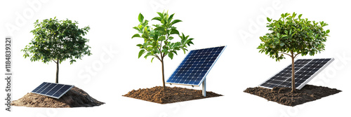 Set of Solar panels on a garden rooftop with thriving vegetable plants growing below  on transparent png background