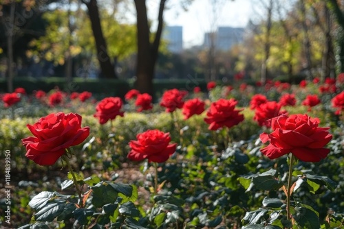 Red roses blooming in a city park during Valentine's Day