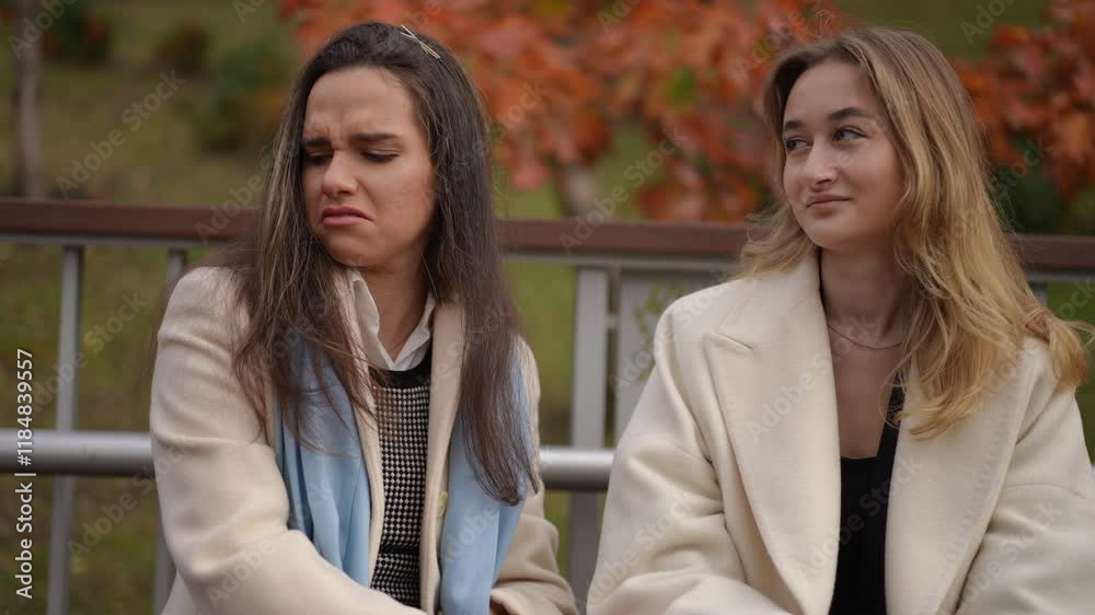 Two elegantly dressed women are joyfully enjoying a serene autumn day amidst trees and colorful leaves in a park