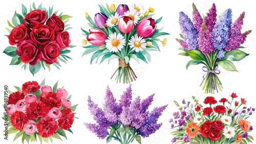 Six Watercolor Floral Bouquets Roses Tulips Lilacs Carnations Spring Summer Romance