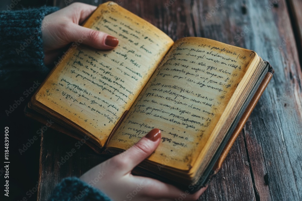 Fototapeta premium Woman reading handwritten notes in ancient book on wooden table