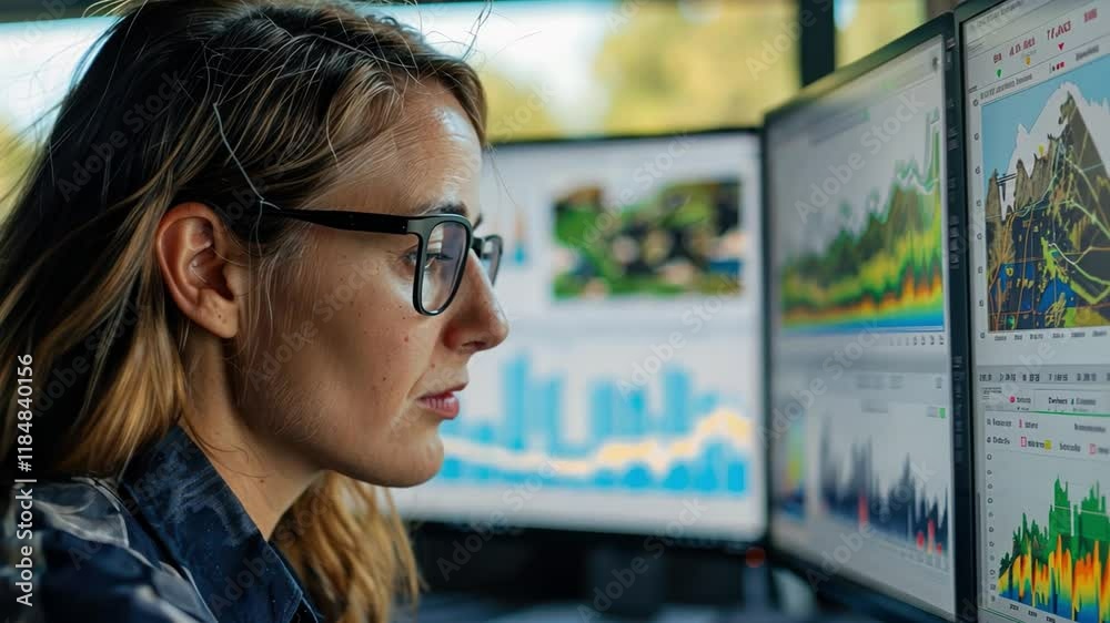 Focused analyst monitoring data on screens. Focused analyst monitoring data on screens.