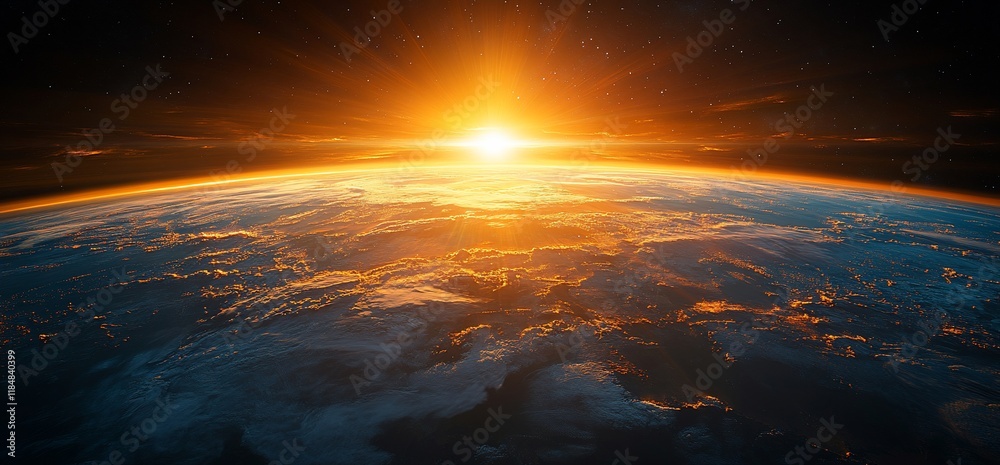 Fototapeta premium Stunning sunrise over Earth, seen from space, showcasing vibrant colors and atmospheric details.