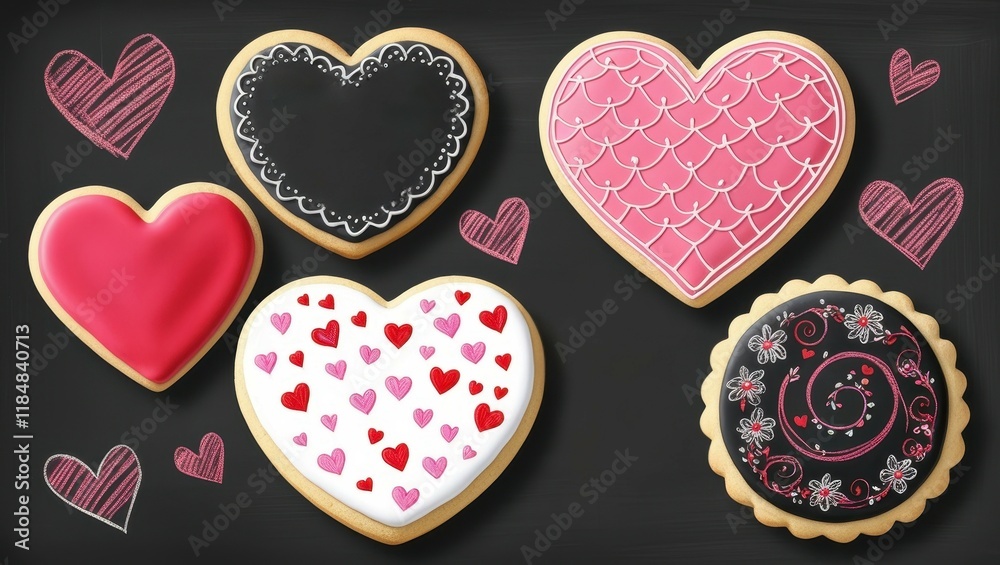 Fototapeta premium Delicious Valentine s Day Heart Shaped Cookies Assorted Designs Sweet Treats