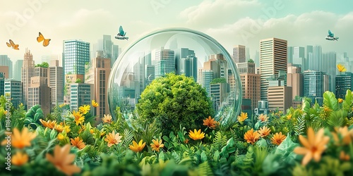 City skyline surrounded by vibrant nature within a protective glass bubble during a sunny day