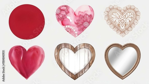 Six Watercolor Wooden Hearts Collection Romantic Valentine s Day Design Elements photo