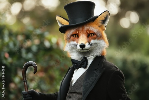 Elegant fox dressed in a top hat and tuxedo holding a cane in a garden setting. Generative AI photo