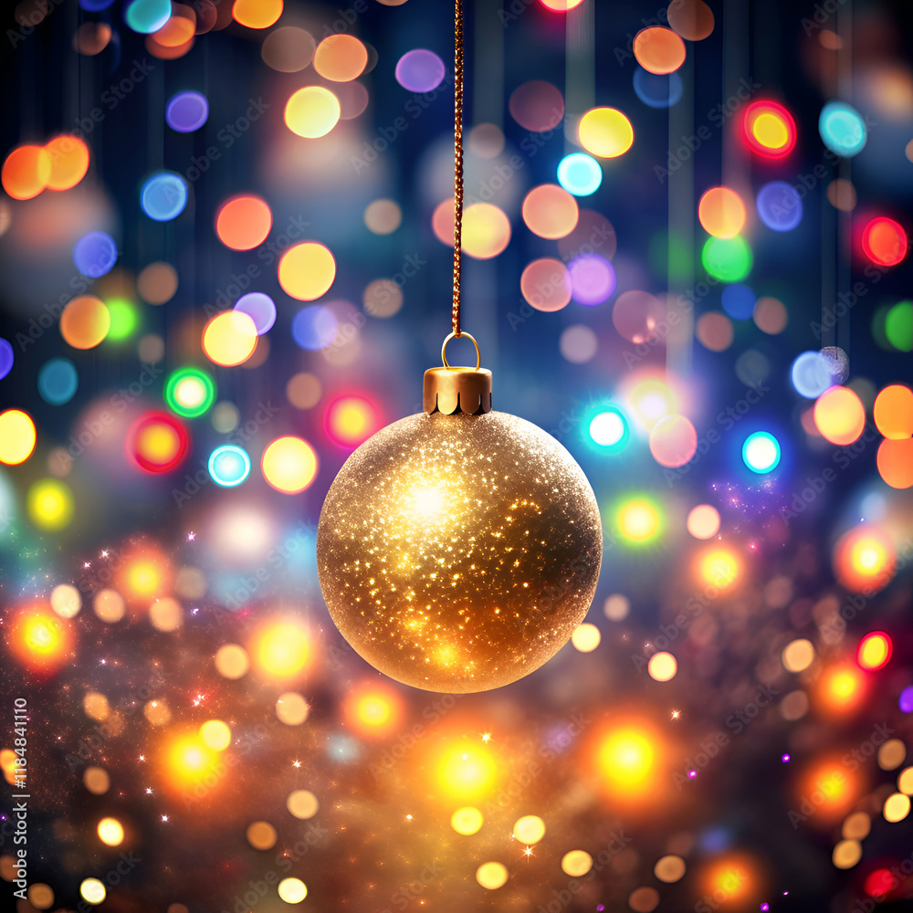 Fototapeta premium Golden Christmas ornament against bokeh lights.