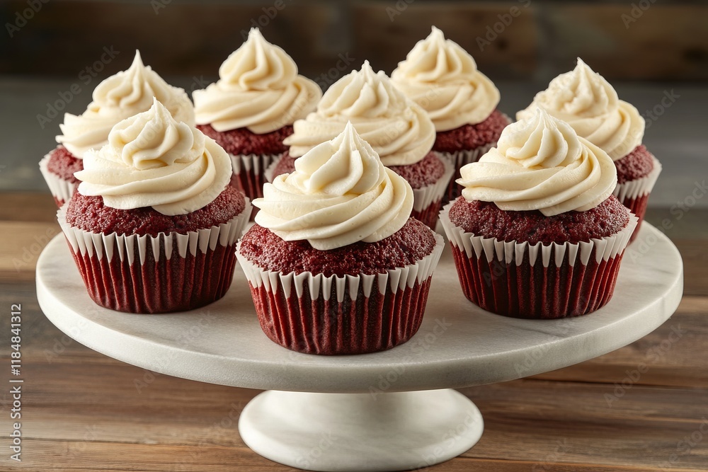 A Delectable Array of Red Velvet Cupcakes with Creamy Icing on a Marble Stand A Delectable Array of Red Velvet Cupcakes with Creamy Icing on a Marble Stand