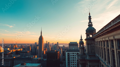 Experience a breathtaking panoramic view of a vibrant and bustling cityscape at sunset, where the colors of the sky blend with the lights of the city