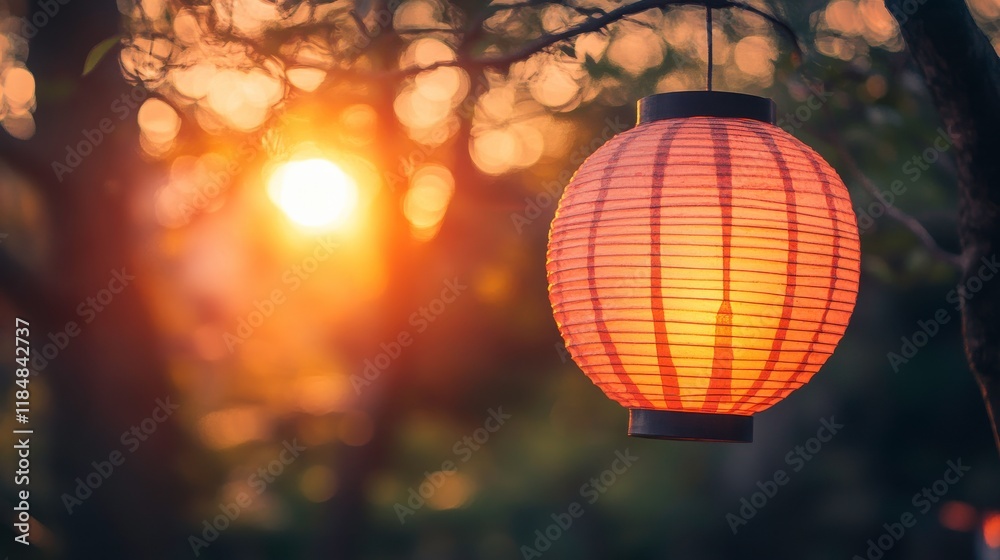 Fototapeta premium Glowing Lanterns in a Tranquil Garden Setting at Dusk