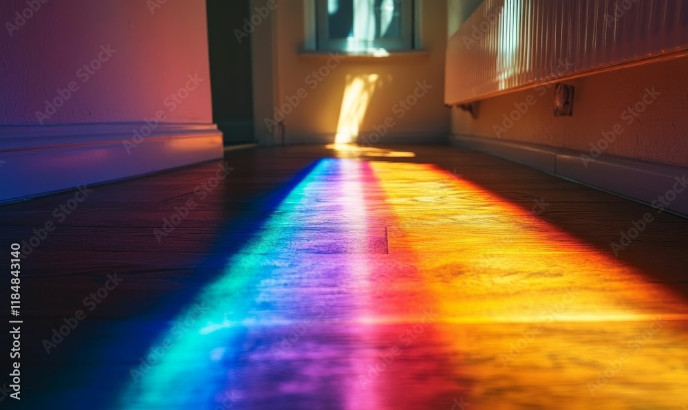 Rainbow light streak across wooden floor. Rainbow light streak across wooden floor.