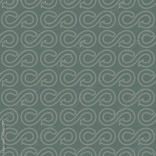 Seamless pattern of sustainable fashion. Green eco infinity symbol icons. Hand drawn vector pattern.