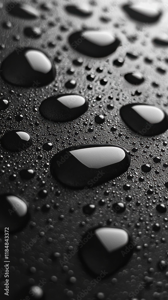 Detailed Close-Up of Water Droplets on a Dark Smooth Surface for Freshness and Purity Themes