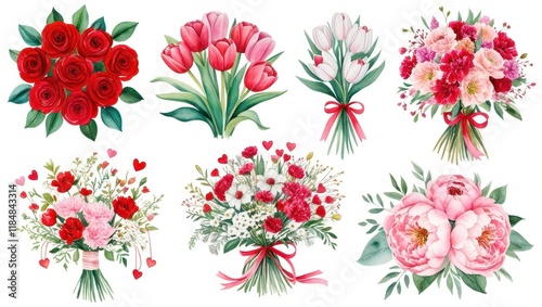 Watercolor Romantic Flower Bouquets Roses Tulips Peonies Carnations for Valentine s Day