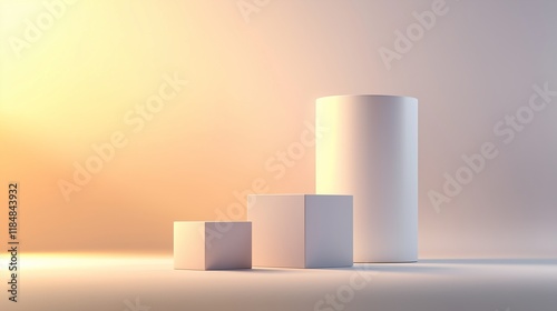 Wallpaper Mural A contemporary 3D stage with a central cylindrical platform, flanked by two smaller cubes. The backdrop is a soft, monochromatic gradient with delicate, diffused light adding depth to the scene. Torontodigital.ca
