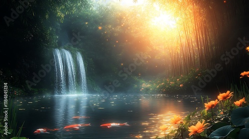 Serene Waterfall Pond Koi Fish Bamboo Forest