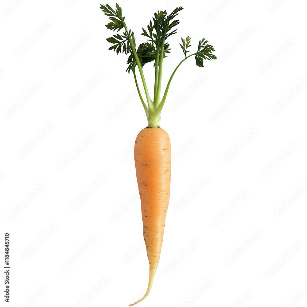 Fresh orange carrot with green tops displayed on a white background Fresh orange carrot with green tops displayed on a white background