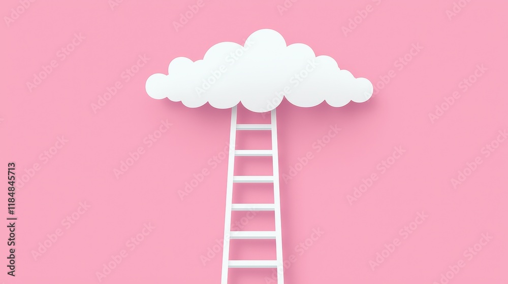 A white ladder leads to a fluffy cloud against a soft pink background, symbolizing aspirations, dreams, and reaching new heights. A white ladder leads to a fluffy cloud against a soft pink background, symbolizing aspirations, dreams, and reaching new heights.