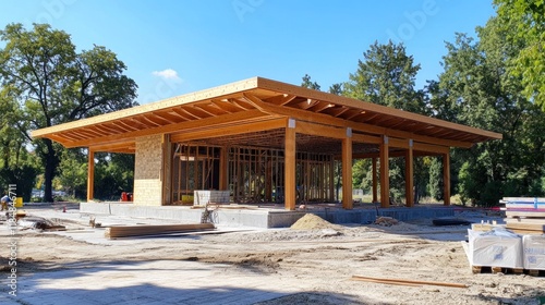 Modern wooden pavilion under construction, showcasing exposed beams and stonework.