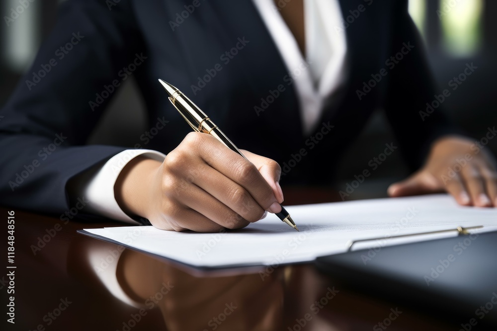 Φωτογραφία Businesswoman signing a contract using a golden pen on a wooden table