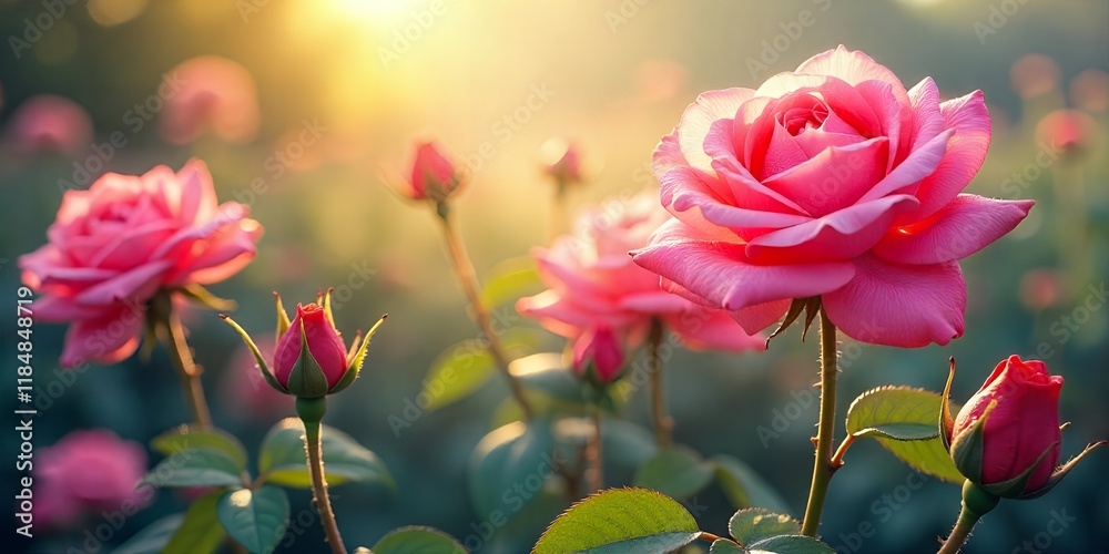 Beautiful Pink Roses in a Garden at Sunrise Beautiful Pink Roses in a Garden at Sunrise
