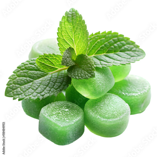 menthol candies with fresh mint leaves on transparent background