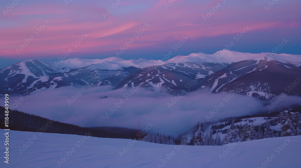 A photograph of the view from an alpine mountain top at night. Snow-covered mountains with fog below and a pink sunset sky. Beautiful winter landscape, romantic sunset or sunrise with snowy mountains. A photograph of the view from an alpine mountain top at night. Snow-covered mountains with fog below and a pink sunset sky. Beautiful winter landscape, romantic sunset or sunrise with snowy mountains.