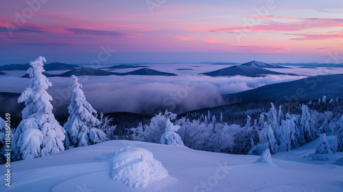 A photograph of the view from an alpine mountain top at night. Snow-covered mountains with fog below and a pink sunset sky. Beautiful winter landscape, romantic sunset or sunrise with snowy mountains.