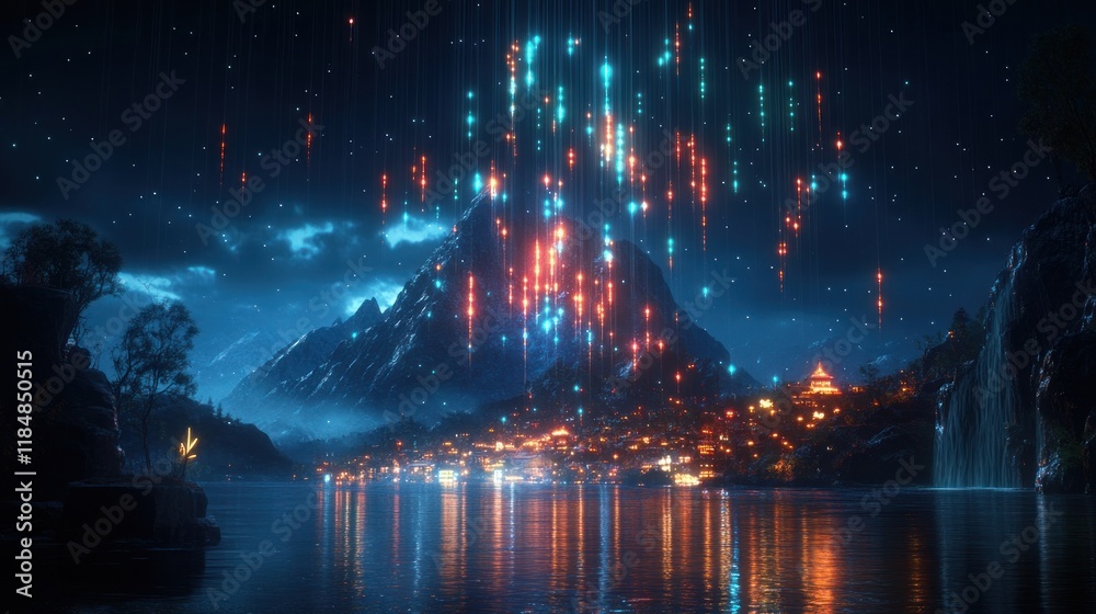 Obraz premium Mountain village night digital rain fantasy